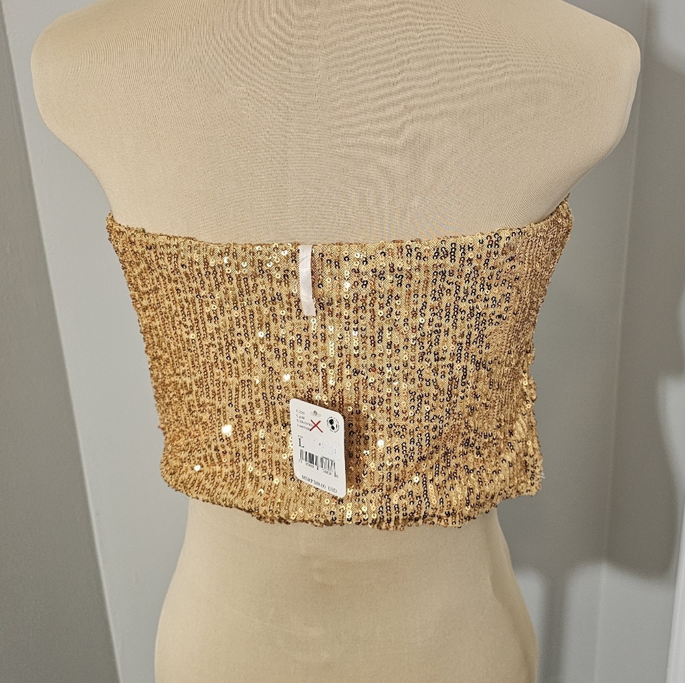 Free People  NWT Strapless Crop Ta Da Shimmering Gold Sequin Top W/ Boning Sz L - Picture 3 of 9